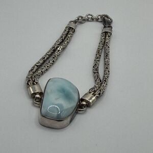 Larimar Sterling Silver Double Strand Bracelet 7” Rope Chain 925 Adjustable